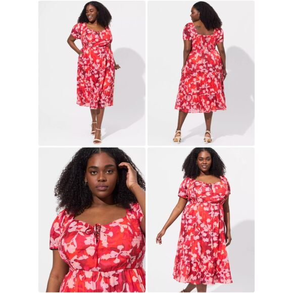 Torrid Midi Cotton Clip Dot Lace Up Smocked‎ Dress Shady Rose Size 1X Boho Relax - Picture 1 of 13